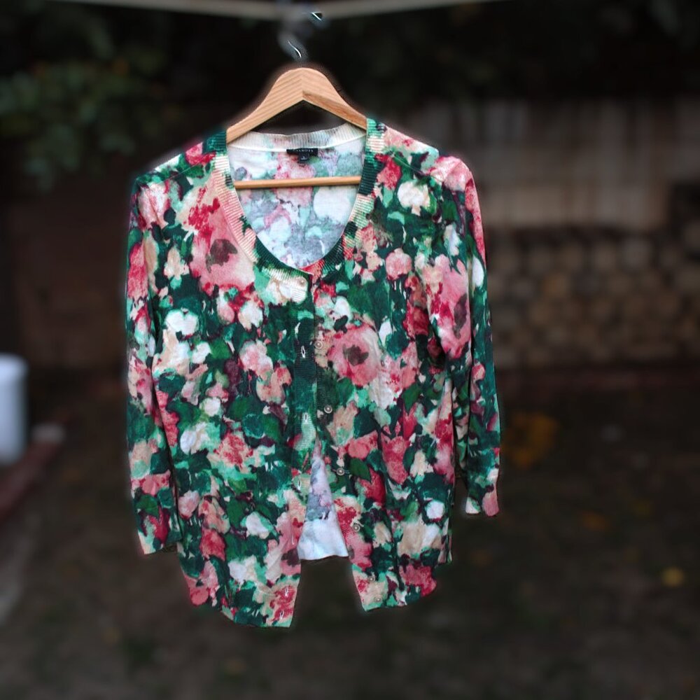 Talbots Green Floral Print Charming Cardigan L